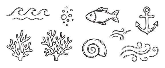 Obraz premium Set of hand-drawn nautical doodle icons featuring a fish, anchor, coral, seashell, ocean waves, and bubbles in a simple black and white line art sketch style