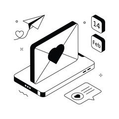 Stylish isometric illustration of love letter expressing heartfelt emotions