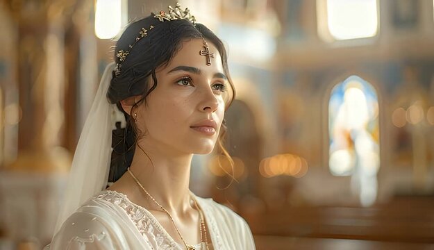 Beautiful Young Woman Wearing White Wedding Dress and Tiara Inside a Church with Stained Glass Windows and Wooden Pews