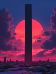 Mroczna wieża g&oacute;ruje nad miastem na tle krwistego słońca. Purpurowe niebo i chmury tworzą surrealistyczny, futurystyczny pejzaż w stylu sci-fi.