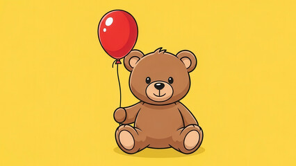 A cheerful cartoon teddy bear holding a bright red balloon against a yellow background