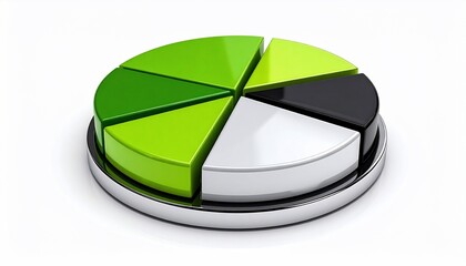 3D pie chart with colorful slices on a metallic dish, isolated on white