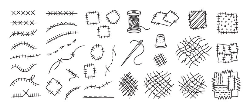 Sewing and mending doodle icon set featuring various stitches, fabric patches, a needle, thread, thimble, and bobbin in a minimalist black and white hand drawn line art style