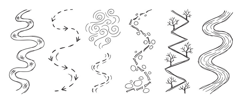 Set of hand-drawn path and river illustrations in a black and white doodle style, showing various winding routes, water flow, wind swirls, and directional arrows for maps