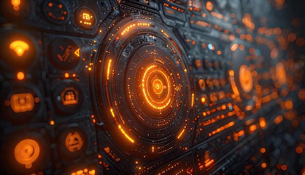 Close up Futuristic Sci Fi Control Panel With Orange Glowing Lights and Digital Interface