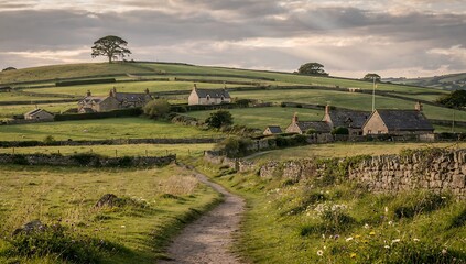 Scenic view of a rural village with house and path on a green hilly landscape in the countryside. Traditional English village life concept with stone walls.