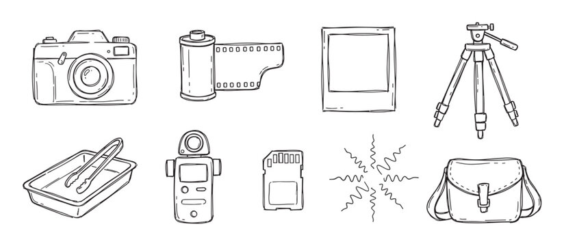 Hand-drawn collection of photography equipment icons including a vintage camera, film roll, tripod, and light meter in a black and white doodle style illustration set