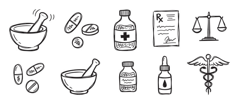 Hand-drawn pharmacy and medicine icon set featuring a mortar, pestle, pills, prescription, and caduceus symbol in a simple black and white doodle style illustration collection
