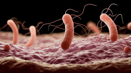 Macro view of Helicobacter pylori bacteria attaching to stomach lining. Rod-shaped cells with flagella on gastric mucosa, scientific lighting, microbiology visual style