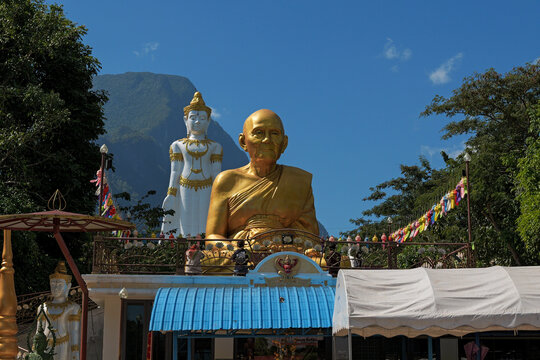 Chiang Dao, Thailand - November 24 2025 : View of a bhuddist temple named "Sathan Pathibudtham Phutta Phrom Panyo" at Chiang Dao, Thailand.