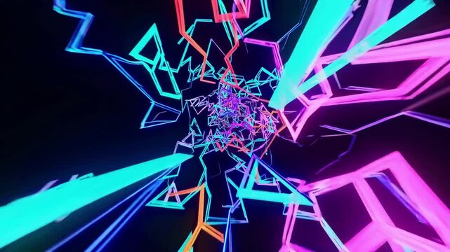 neon polygon wireframe pulses through space, glowing outlines spin into depth with multicolor rhythm, style geometry creates energetic digital tunnel, ideal for synthwave visuals