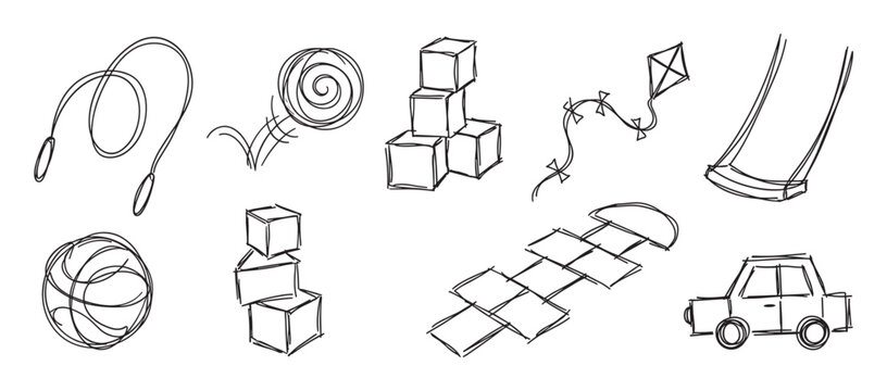 Set of hand-drawn children's toys and playground equipment in a simple black and white doodle style, including a jump rope, blocks, kite, swing, ball, car, and hopscotch
