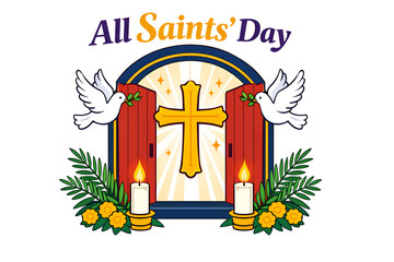 All saints day religious celebration illustration with cross doves and candles isolated on white background