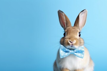 Obraz premium Adorable rabbit looking at camera with a blue bow tie on a light blue background