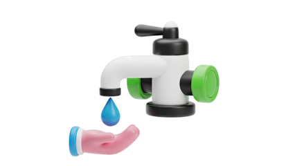 3D Render of Water Faucet with Dripping Water and Hand