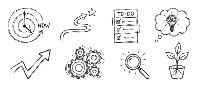 Set of hand-drawn business icons representing productivity, growth, ideas, and planning in a simple black and white doodle style for conceptual presentations and infographics