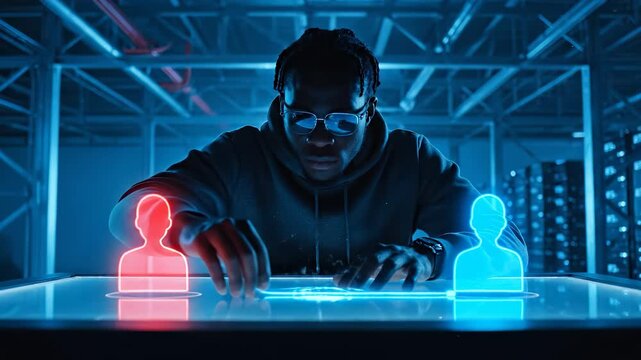 Man manipulates holographic user interface. Hacker tests cybersecurity network data. Technology artificial intelligence drive touchscreen. System shows red blue avatars for access control. Secure.
