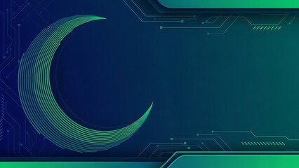 Abstract high-tech background featuring a glowing green line-art crescent moon against a dark blue gradient, overlaid with futuristic circuit board elements