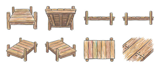 Fototapeta premium Collection of hand-drawn wooden pier illustrations showing various perspectives including isometric, top, and side views in a charming watercolor sketch style