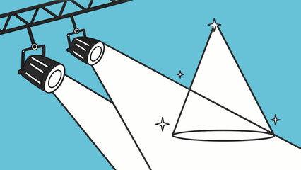 Fototapeta premium A flat vector illustration of two black stage spotlights hanging from the ceiling against a vibrant blue gradient background. The spotlights are angled toward each other, emitting bright triangular be