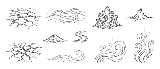 Set of hand-drawn natural elements and textures including cracked earth, crystals, wind swirls, water waves, and a dirt road, all created in a simple black ink line art style