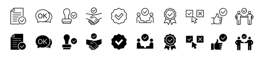 Obraz premium Approved icon set. Certified and agreement symbol. Vector illustration.