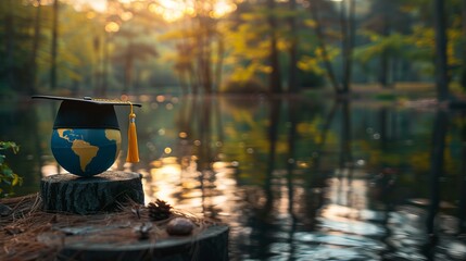 Graduation cap symbolizing global business education with earth globe representation