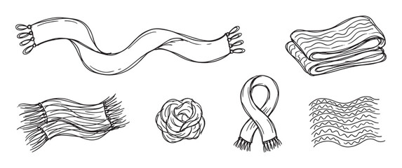 Set of hand-drawn winter scarves and textiles in a black and white doodle style, showing various shapes like folded, flowing, looped, and rolled with fringe and tassels