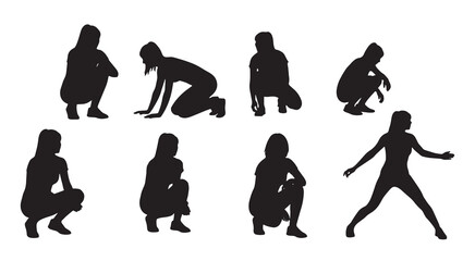 Set of athletic female silhouettes in fitness and active wear poses collection of women stretching, running, and doing yoga for sports branding, healthy lifestyle marketing, and wellness vector design