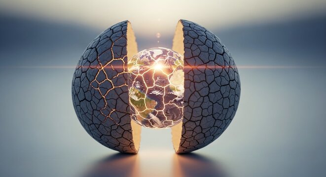 Fragmented Globe Earth Shattering Sphere Revealing Fiery Core and Cracked Surface