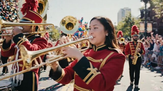 Brass Band Members in Red Uniforms Playing Instruments During a Parade Photo 4K 10s