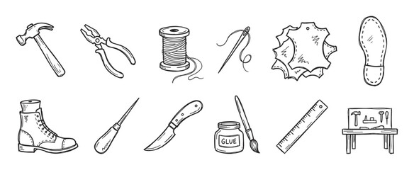 Fototapeta na wymiar Hand-drawn set of shoemaking tools and materials including a hammer, pliers, thread, leather, boot, and glue in a simple black and white doodle sketch style illustration
