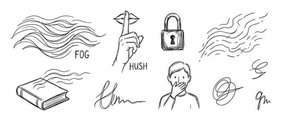 Obraz premium Set of hand-drawn doodle icons representing secrecy, silence, and censorship with a hush gesture, padlock, and person covering their mouth in a sketchy monochrome style