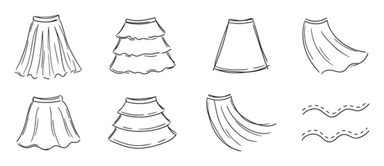 Collection of hand-drawn women's skirt sketches in a simple black and white doodle style, showcasing various designs like pleated, tiered, and flowing A-line silhouettes