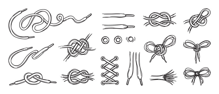 Hand-drawn set of shoelace tying illustrations showing various knots, bows, and lacing techniques for shoes and boots in a monochrome sketch style collection