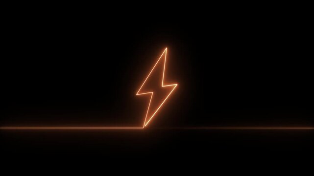 Abstract orange neon glowing battery charging icon animation on black background.Glowing neon lightning bolt icon, Violet orange color battery icon, Battery charging animation.