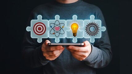 Business innovation strategy concept with icons and digital planning
