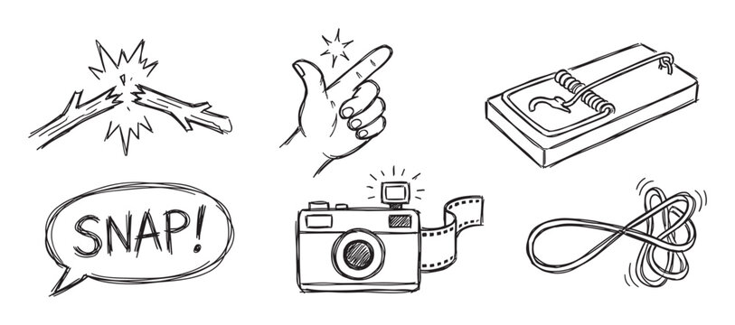 Hand-drawn doodle icon set illustrating the concept of 'snap' with a breaking stick, finger snap, mousetrap, camera, and speech bubble in a simple black and white line art style