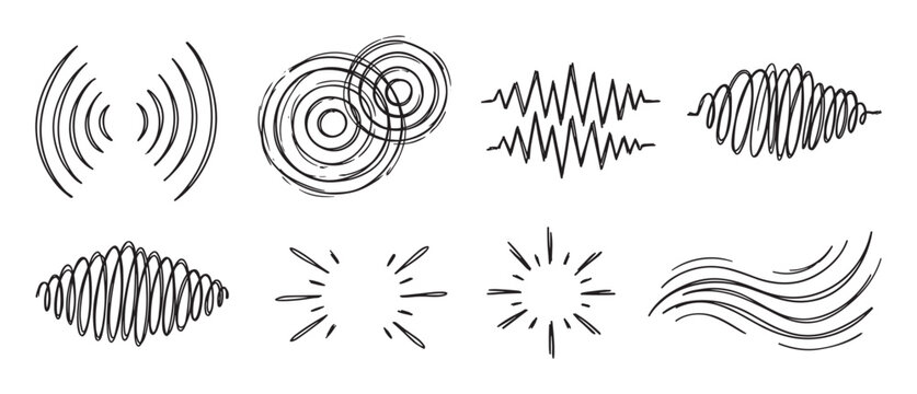 Collection of hand-drawn sketch sound and motion icons including audio waves, vibration signals, wind gusts, and sparkle effects in a simple doodle style