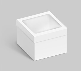 Universal mockup of blank cardboard box with transparent window. Vector illustration isolated on grey background, ready and simple to use for your design. EPS10.
