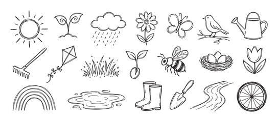 Plakat Large set of hand-drawn spring icons featuring a sun, flower, bee, watering can, and rainbow in a simple black and white doodle style for seasonal and nature concepts