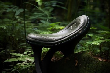 Ergonomic stool with biomorphic design standing on a mossy log among green foliage