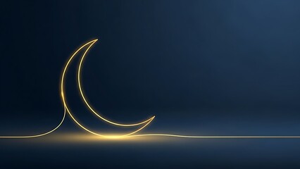 A minimalist continuous line drawing of a glowing golden crescent moon against a deep navy background