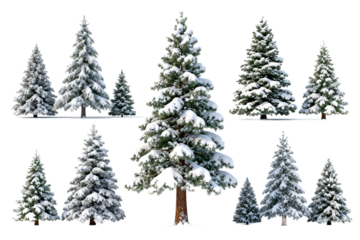 Set of Snow-Covered Evergreen Trees on White Background
