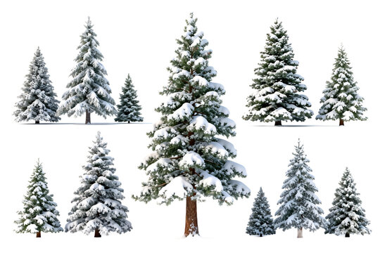 Set of Snow-Covered Evergreen Trees on White Background