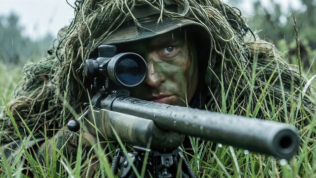 Sniper man in ghillie suit aiming with rifle scope from grass. Combat soldier in camouflage. Military operation and special forces concept.