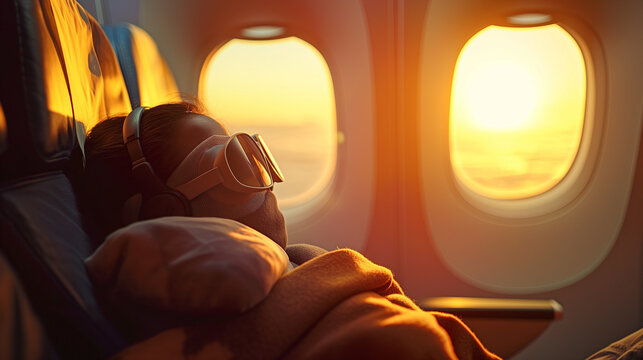 Sleeping passenger with mask and blanket in airplane at sunset - Powered by Adobe