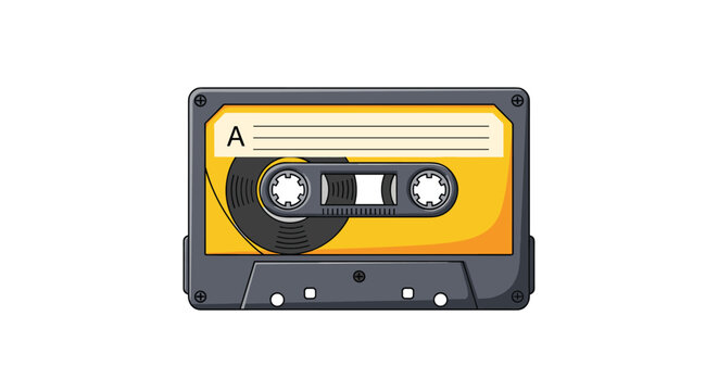 A vintage audio cassette tape with an orange label and grey casing is shown in this realistic illustration.