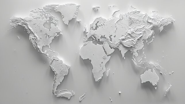 Elegant white 3d world map featuring embossed continents on a minimalist background