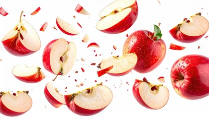 A vibrant image of red apples and slices in motion against white